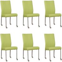 Set van 6 Felgroene leren moderne eetkamerstoelen Comfort - poot rond rvs met wiel - Toledo Leer Lime (felgroen leer) - thumbnail