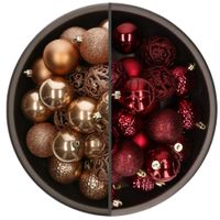 74x stuks kunststof kerstballen mix van donkerrood en camel bruin 6 cm