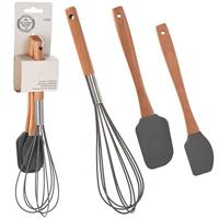 Excellent Houseware Siliconen keukengereedschap met beukenhouten handvat 3-delige set, Grey425C