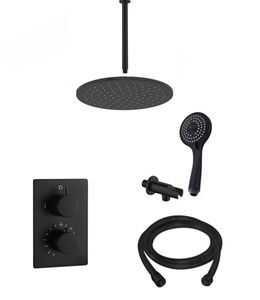 Saniclear Nero inbouw regendouche mat zwart met plafond arm, 30cm hoofddouche en 3 standen handdouche