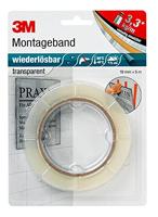 3M Verwijderbare montageband, dubbelzijdig plakband voor binnen- en buitengebruik, 19 mm x 5 m x 0,8 mm, transparant (1 stuk)