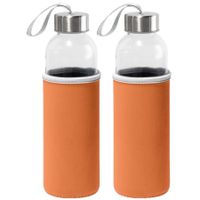 2x Stuks glazen waterfles/drinkfles met oranje softshell bescherm hoes 520 ml - thumbnail