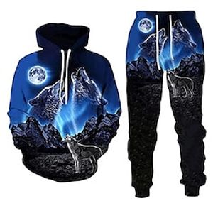 Voor heren Trainingspak Truien instellen blauw Capuchon Grafisch dier Wolf 2-stuks Afdrukken Sport Outdoor Casual Sport 3D-afdrukken Streetwear Ontwerper Basic Lente Herfst Kleding Hoodies Lightinthebox