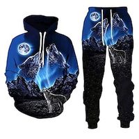 Voor heren Trainingspak Truien instellen blauw Capuchon Grafisch dier Wolf 2-stuks Afdrukken Sport Outdoor Casual Sport 3D-afdrukken Streetwear Ontwerper Basic Lente Herfst Kleding Hoodies Lightinthebox