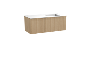 Balmani Forma zwevend badmeubel 120 x 55 cm naturel eiken met Tablo Stretto asymmetrisch rechtse wastafel in solid surface mat wit, Verticale asymmetrische ronde ribbel