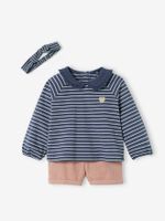 3-delige babyset fluwelen short, shirt en haarband donkerblauw gestreept - thumbnail