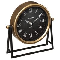 Tafelklok Roma - goud/zwart - H26 cm - Dia klok 21 cm - glas/metaal - op standaard