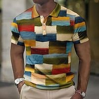 Voor heren POLO Shirt Wafel poloshirt Revers polo Polo's met knopen Golfshirt Gestreept Geruit Grafische prints Geometrie Strijkijzer Geel Blozend Roze blauw Groen Buiten Straat Korte mouw Afdrukken Lightinthebox - thumbnail