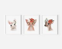 Posters - Schattige dieren met bloemenkrans / Set van 3 - thumbnail