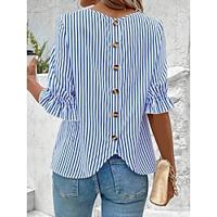 Dames Blouse Geklede topjes Gestreept Ruche nappi Werk Elegant Bohemen Halve mouw Strakke ronde hals blauw Zomer Lightinthebox