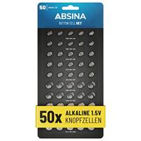 ABSINA Set van 50 alkaline knoopcellen assortiment - 10 x AG1 / 15 x AG3 / 10 x AG4 / 10 x AG10 / 5 x AG13-1,5 V batterijassortiment lekvrij - knoopcelset gemengd, gemengde gemengde batterijen