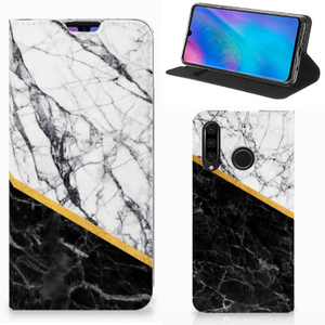 Huawei P30 Lite New Edition Standcase Marmer Wit Zwart - Origineel Cadeau Man