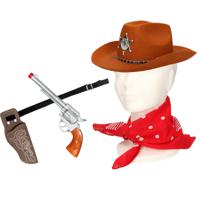 Carnaval verkleeds set cowboyhoed Kentucky - bruin - rode hals zakdoek - holster met revolver