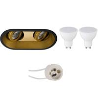 LED Spot Set - Aigi - Pragmi Zano Pro - GU10 Fitting - Inbouw Ovaal Dubbel - Mat Zwart/Goud - 8W - Warm Wit 3000K -