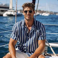 Voor heren Overhemd Overhemd met knopen Normaal shirt Zomer overhemd blauw Licht Blauw Korte mouw Gestreept Revers Alledaagse kleding Vakantie Kleding Modieus Hawaii Casual Strandstijl Lightinthebox