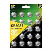 GP CR2032 lithium knoopcellen 3V, knoopcelbatterijen CR 2032 / DL2032, spanning 3 Volt (20 stuks in 4 x 5 stuks, batterijen afzonderlijk uitneembaar)