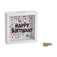 Houten witte spaarpot Happy Birthday met glas 15 cm - thumbnail