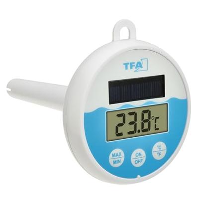 TFA Dostmann digitale zwembadthermometer met zonne-energie, 30.1068.02, drijvend in water, geschikt voor zwembad/vijver/zwembad/whirlpool, met bevestigingskoord (1m), op zonne-energie, wit-blauw