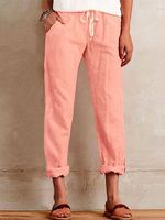 Plain Cotton Casual Solid Roll Hem Drawstring Crop Pants Plain Cotton Casual Solid Roll Hem Drawstring Crop Pants