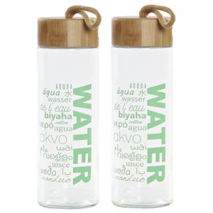 2x stuks glazen waterflessen/drinkflessen groen transparant met touwtje 580 ml