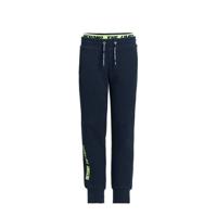 WE Fashion slim fit joggingbroek met tekst donkerblauw/neon groen
