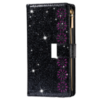 iPhone 16 hoesje - Bookcase - Koord - Pasjeshouder - Portemonnee - Glitter - Bloemenpatroon - Kunstleer - Zwart