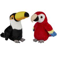 Tropische vogels pluche knuffels 2x stuks - Rode Macaw Papegaai en Toekan van 15 cm