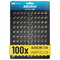 ABSINA Set van 100 alkaline knoopcellen assortiment - 20 x AG1 / 30 x AG3 / 20 x AG4 / 20 x AG10 / 10 x AG13-1,5 V batterijassortiment lekvrij - knoopcelset gemengd, gemengde gemengde gemengde