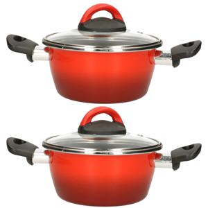 Set van 2x stuks rvs rode kookpan/pan met glazen deksel 16 cm 1 liter