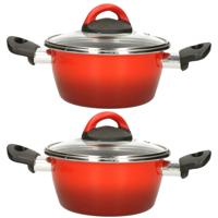 Set van 2x stuks rvs rode kookpan/pan met glazen deksel 16 cm 1 liter