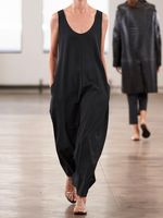 Black Casual Plain Round Neck Cotton-Blend Jumpsuits