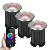 Set van 3 Maisy Smart Grondspots Rond - Ø12cm - 5.5 Watt 345 lumen - RGBWW - Wifi + Bluetooth - Bestuurbaar via app - IP67 waterdicht - Google Home - Amazon Alexa - RVS