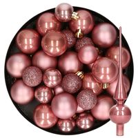 Kerstversiering kunststof kerstballen met piek oud roze 6-8-10 cm pakket van 49x stuks - thumbnail