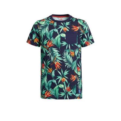 WE Fashion T-shirt met bladprint donkerblauw/groen/oranje