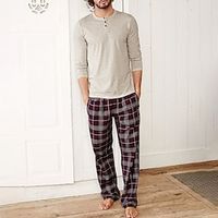 Voor heren Loungewear Nachtkleding Pyjamaset Pyjamatop en broek 2-delig Ruitjes Stijlvol Casual Comfortabel Huis Dagelijks Katoenmix Comfort Henley Lange mouw T-shirt Pantalon Trekkoord Elastische Lightinthebox