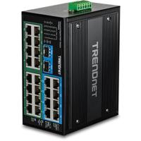TRENDnet 26-poorts geharde industriële onbeheerde gigabit DIN-railschakelaar, TI-PG262, 16 x Gigabit PoE+ poorten, 8 x Gigabit RJ-45-poorten, 2 x SFP-poorten, IP30, levenslange bescherming, zwart