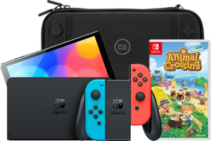 Nintendo Switch OLED Blauw/Rood + Animal Crossing New Horizons + BlueBuilt Beschermhoes