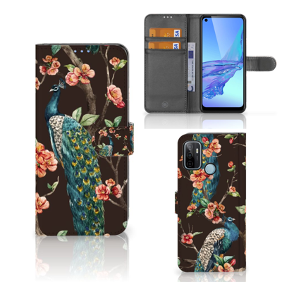 OPPO A53 | OPPO A53s Telefoonhoesje met Pasjes Pauw met Bloemen OPPO A53 | OPPO A53s Telefoonhoesje met Pasjes Pauw met Bloemen