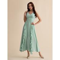 chiffon prom zwierige maxi-jurk met ruches en v-hals - thumbnail