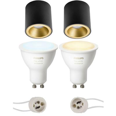 Pragmi Cliron Pro - Opbouw Rond - Mat Zwart/Goud - Verdiept - Ø90mm - Philips Hue - Opbouwspot Set GU10 - White Ambiance - Bluetooth
