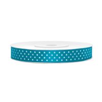 1x Turquoiseblauwe satijnlint met witte stippen rollen 1,2 cm x 25 meter cadeaulint verpakkingsmateriaal   - - thumbnail