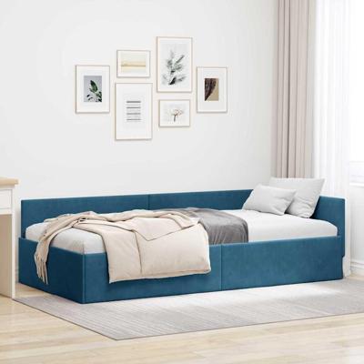 Hoekbedframe Blauw 90 x 200 cm Fluweel en Engineered hout