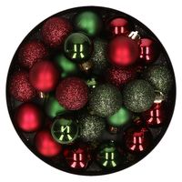 28x stuks kunststof kerstballen donkergroen en donkerrood mix 3 cm   - - thumbnail