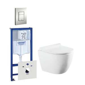 QeramiQ Salina Compact toiletset bestaande uit inbouwreservoir, compact wandcloset met toiletzitting en bedieningsplaat verticaal/horizontaal mat chroom 0720002/0729205/sw258541/