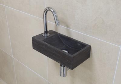 Mueller Small natuursteen fonteinset links met chroom gebogen fonteinkraan en toebehoren Mueller Small natuursteen fonteinset links met chroom gebogen fonteinkraan en toebehoren