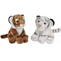 Safari dieren serie pluche knuffels 2x stuks - Witte en Bruine Tijgers van 15 cm - thumbnail