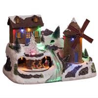 Kerstdorp kerst tafereel - geanimeerde huis en molen - met led verlichting - 31 cm