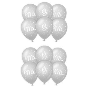 18x stuks Mr. & Mr. huwelijks feest ballonnen - zilver/wit - latex - ca 30 cm