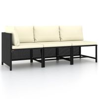 3-delige Loungeset met kussens poly rattan zwart - thumbnail