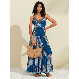 Dames Slipdress Maxi-jurk blauw Spaghettiband Opdrukken Kwastje zoom Opdrukken geweven Lente zomer Cross-Front Strandvakantie Strandstijl Vakantie S M L